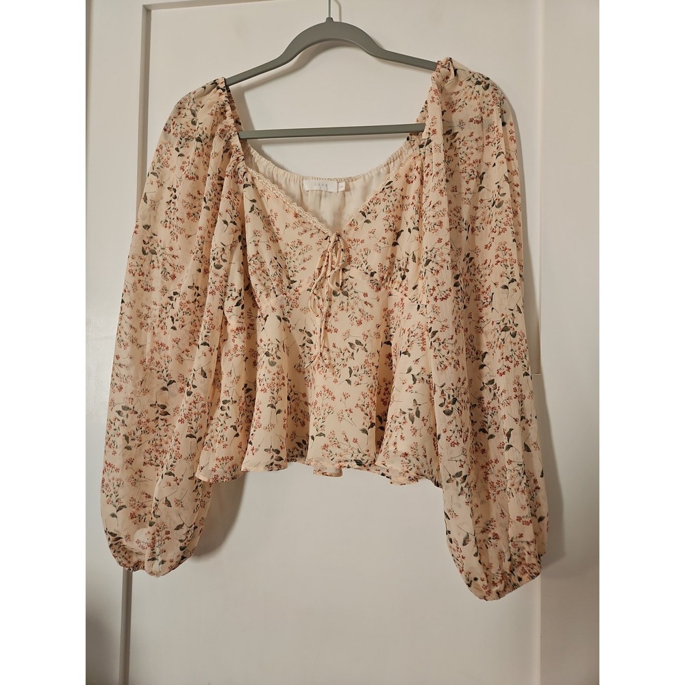 LUSH Cream Rust Floral Chiffon Peasant Blouse Long Bubble Sleeve Cottagecore S